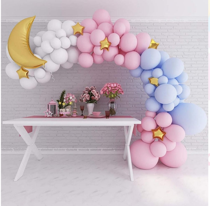 Macaron Pink Blue Foil Moon Balloon Garland Kit with pastel decorations