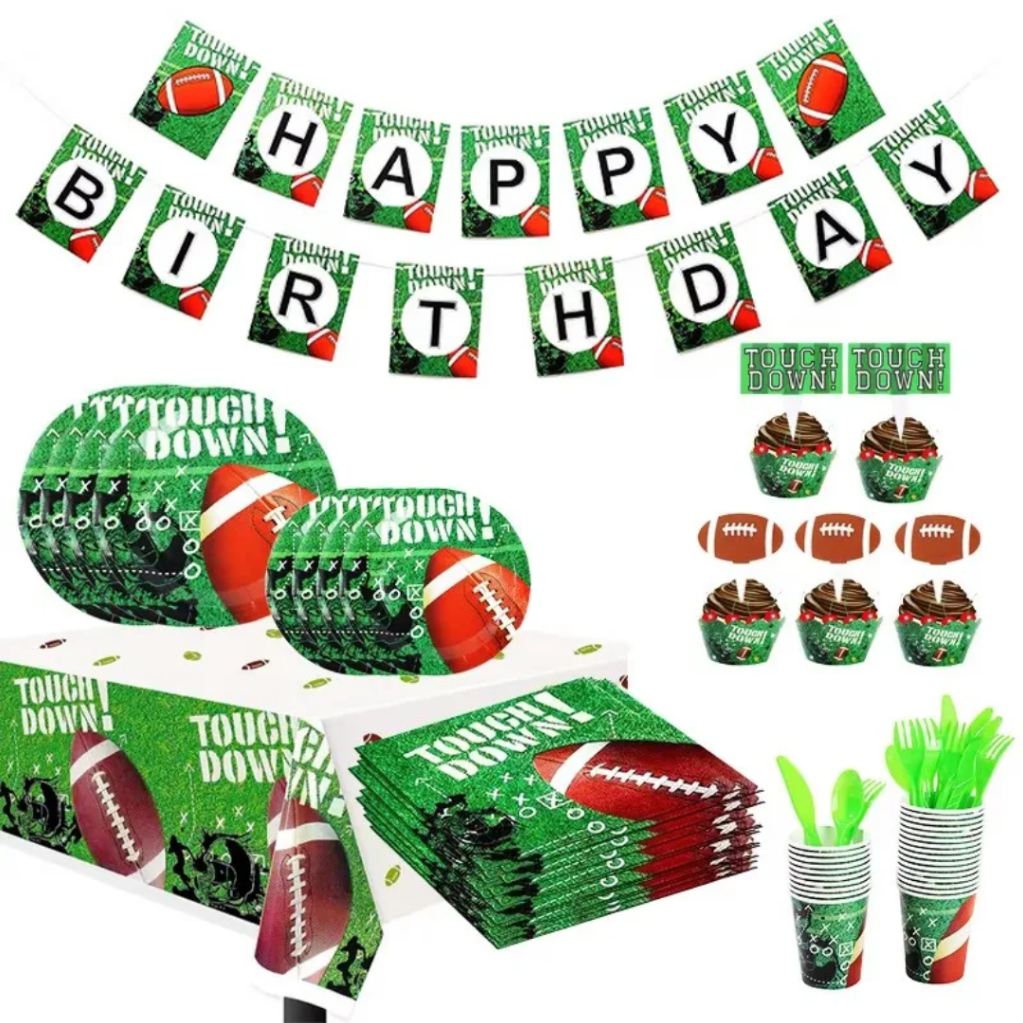 Football-themed birthday party supplies with plates, cups, napkins, and banner decorations perfect for sports lovers.