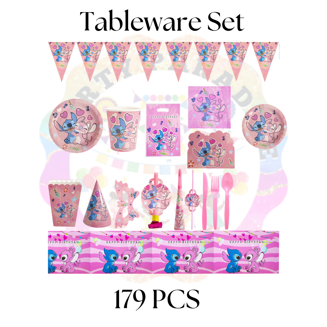 Stitch and Angel Tableware Set 179pcs for themed party decor, birthday party supplies, and event party accessories.