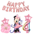 MINI Happy Birthday Balloon Garland with pink and rose gold party balloons, foil star, number balloons, and cartoon-themed decor.