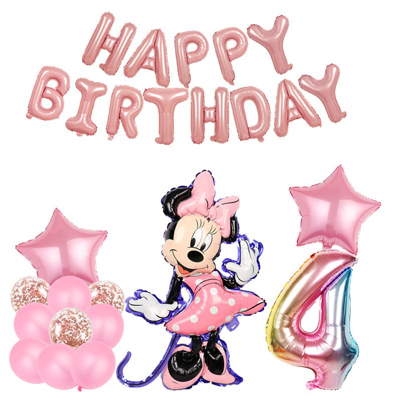 MINI Happy Birthday Balloon Garland with pink and rose gold party balloons, foil star, number balloons, and cartoon-themed decor.