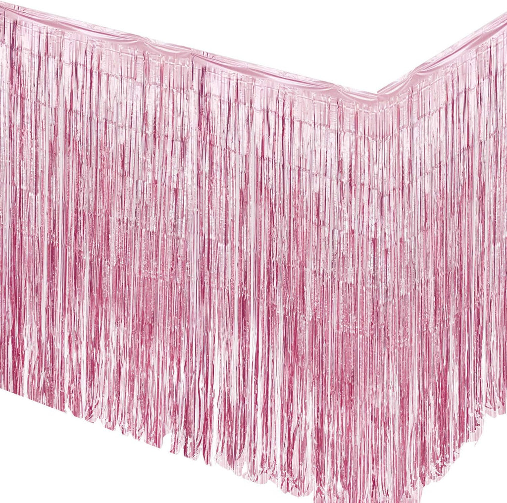 Pink Foil Fringe Table Skirt-2 pack for party decorations, birthday party supplies, wedding or baby shower decor, 18 FT length table cover