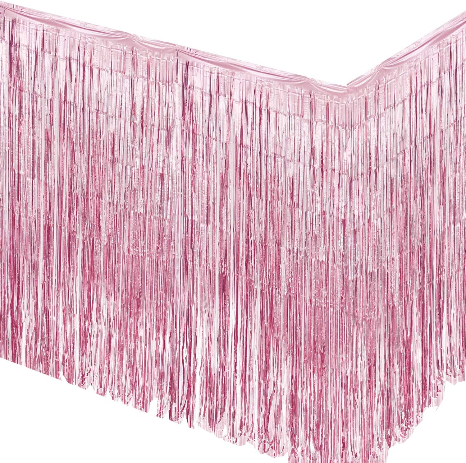Pink Foil Fringe Table Skirt-2 pack for party decorations, birthday party supplies, wedding or baby shower decor, 18 FT length table cover
