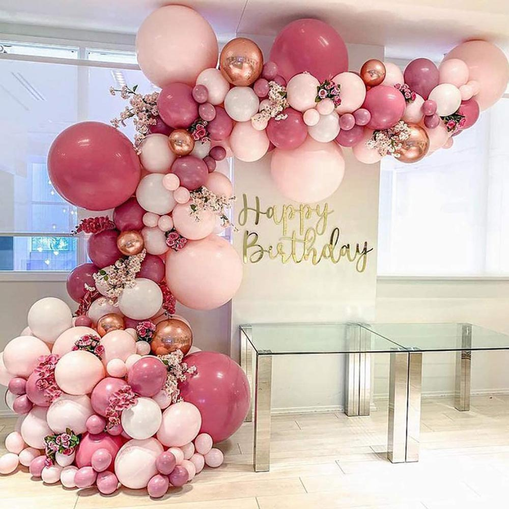 Retro Rose Skin Pink balloon garland for birthday party decorations, featuring metallic rose gold and matte skin pink balloons. Main image
