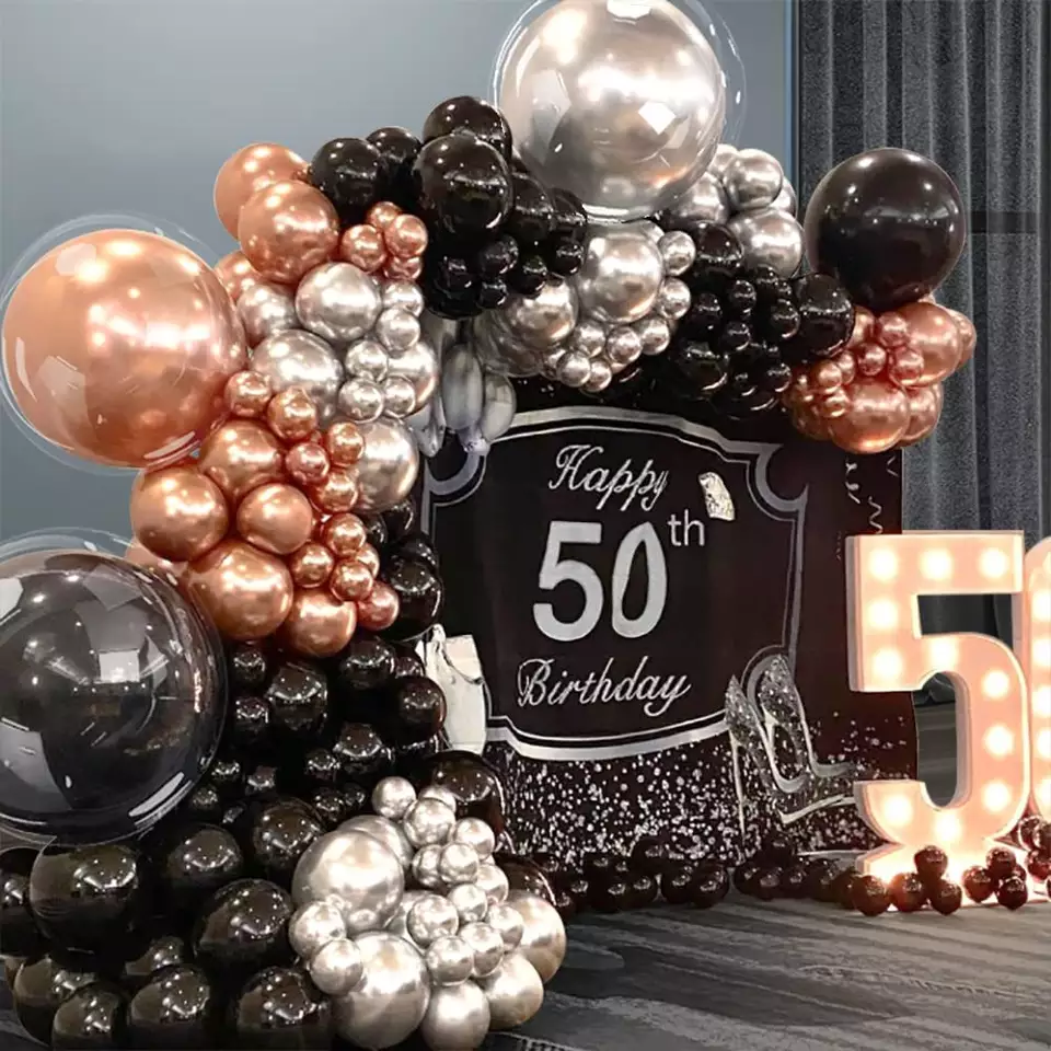 Metallic Rose Gold, Silver, Black 176 pcs balloon garland kit for 50th birthday celebration party decorations. Main image