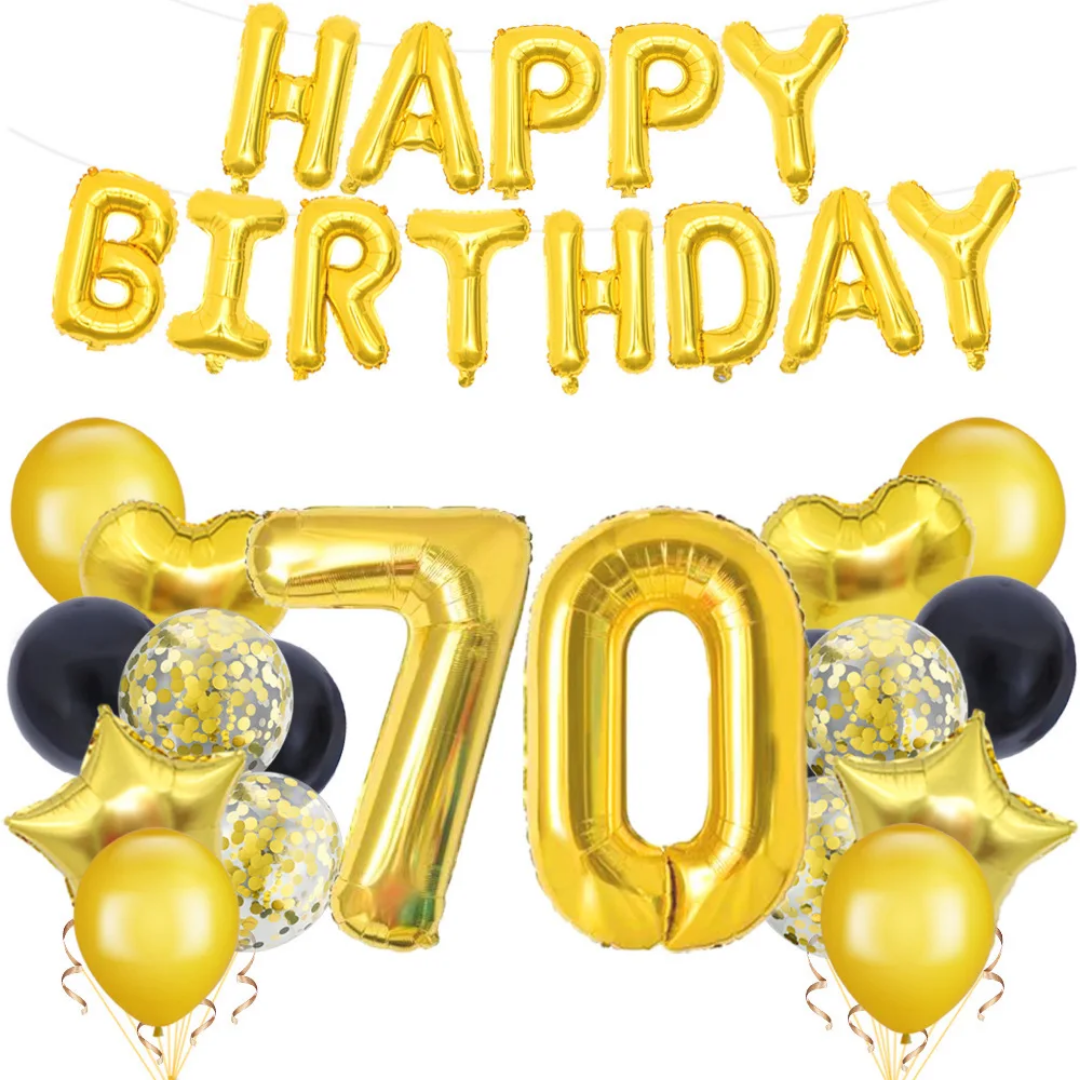 70th Birthday Ballon Bouquet -9 pieces, gold and black themed party supplies with foil balloons, perfect for adult birthday decorations. Main image