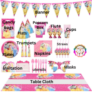 Disney Princess Themed Party Set 136pcs with tableware, candy bags, banner, hats, and napkins - perfect kids party decorations. Main image