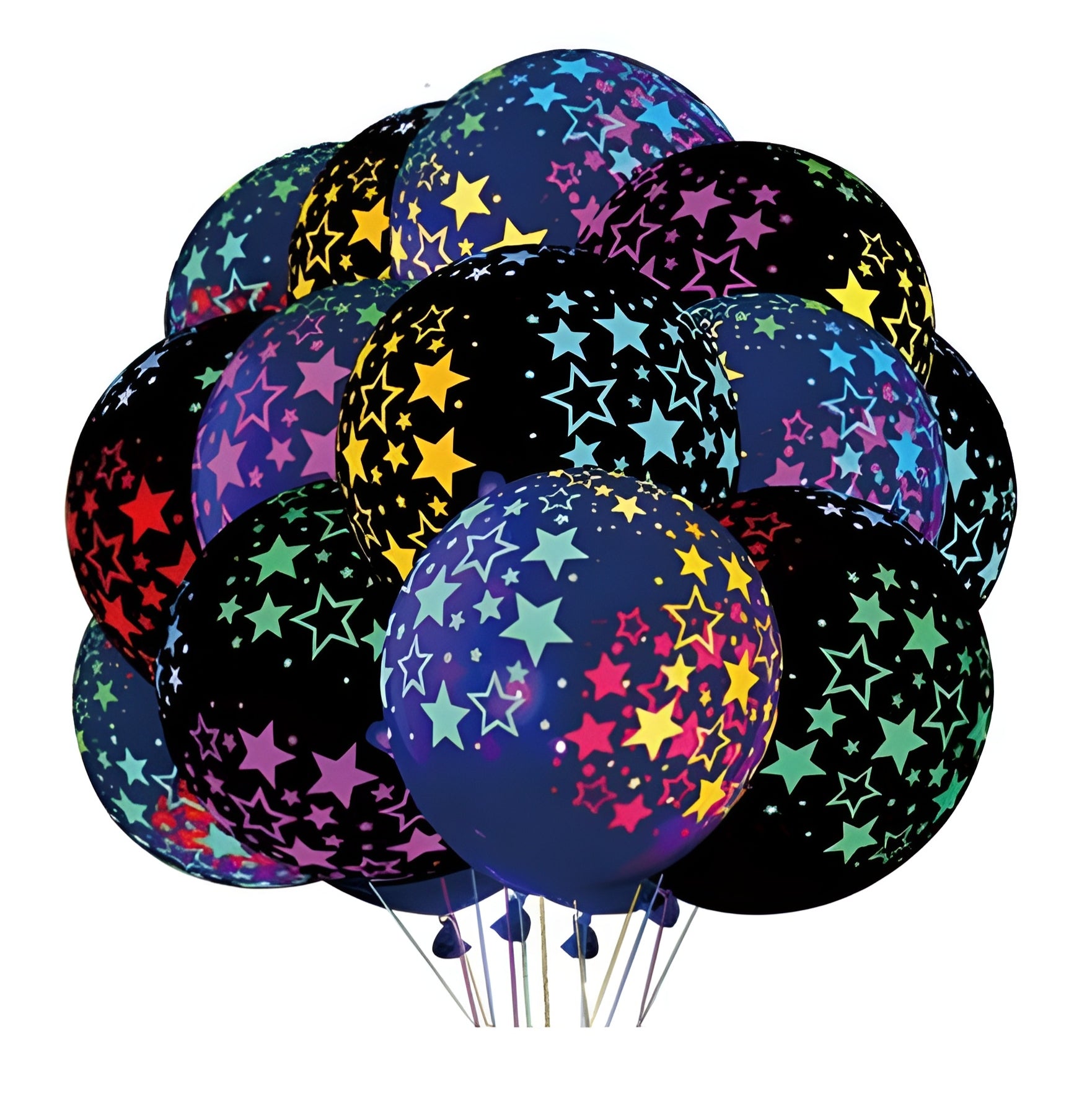 Glow in the Dark Fluorescent Balloons 12 ins 100ct with star patterns, perfect for party decorations and themed celebrations.