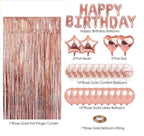 Rose Gold Happy Birthday Balloon Garland Kit 88 pcs with confetti, foil stars, fringe curtain, perfect for party decorations.