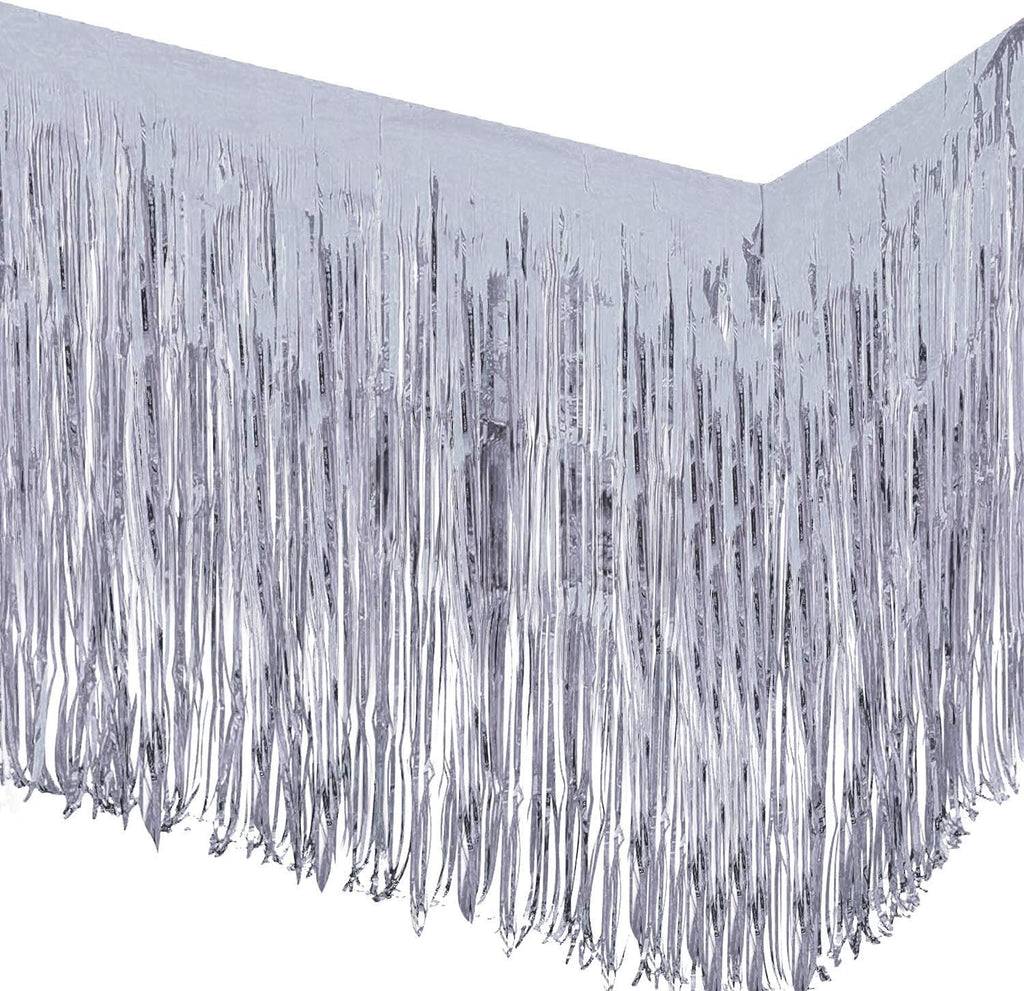 Silver Foil Fringe Table Skirt- 2 pack, ideal for party supplies, wedding decorations, and birthday party decor, 18 Ft in total length.