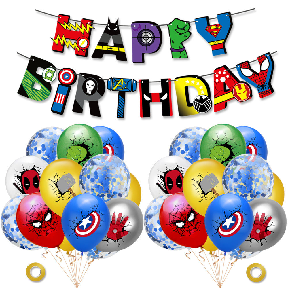 Marvel Themed Balloon Garland 27 pcs kit for party decorations and supplies, featuring superhero design with Happy Birthday banner and balloons. Main image