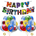 Marvel Themed Balloon Garland 27 pcs kit for party decorations and supplies, featuring superhero design with Happy Birthday banner and balloons.