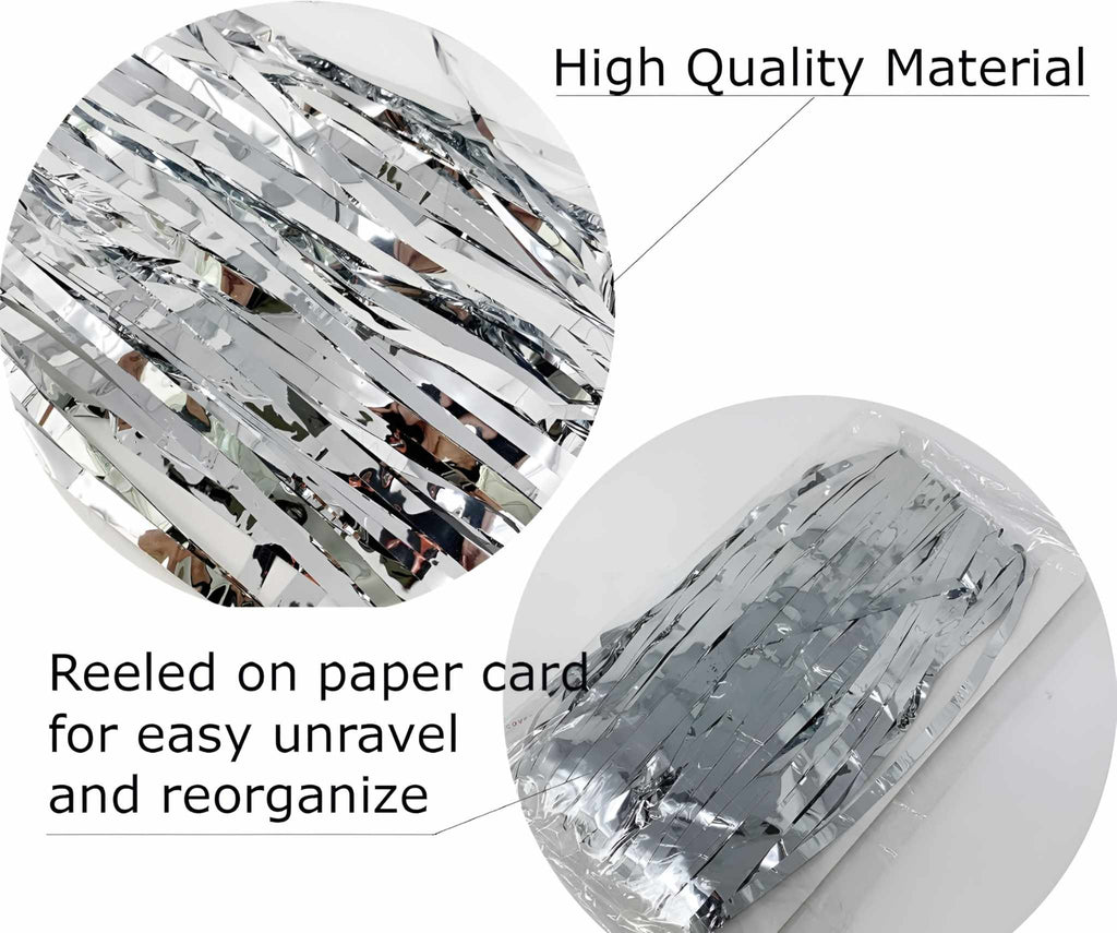 Silver Foil Fringe Table Skirt- 2 pack with high-quality mylar, perfect for party supplies and decorations. Easy to use and durable.