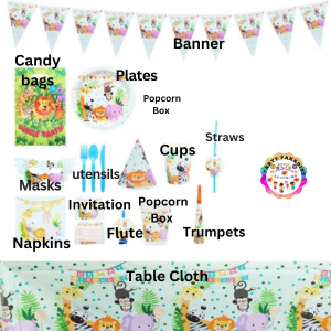 Jungle Animal Themed Tableware set 136pcs, perfect for children's party, includes plates, cups, napkins, and more decorative event supplies.