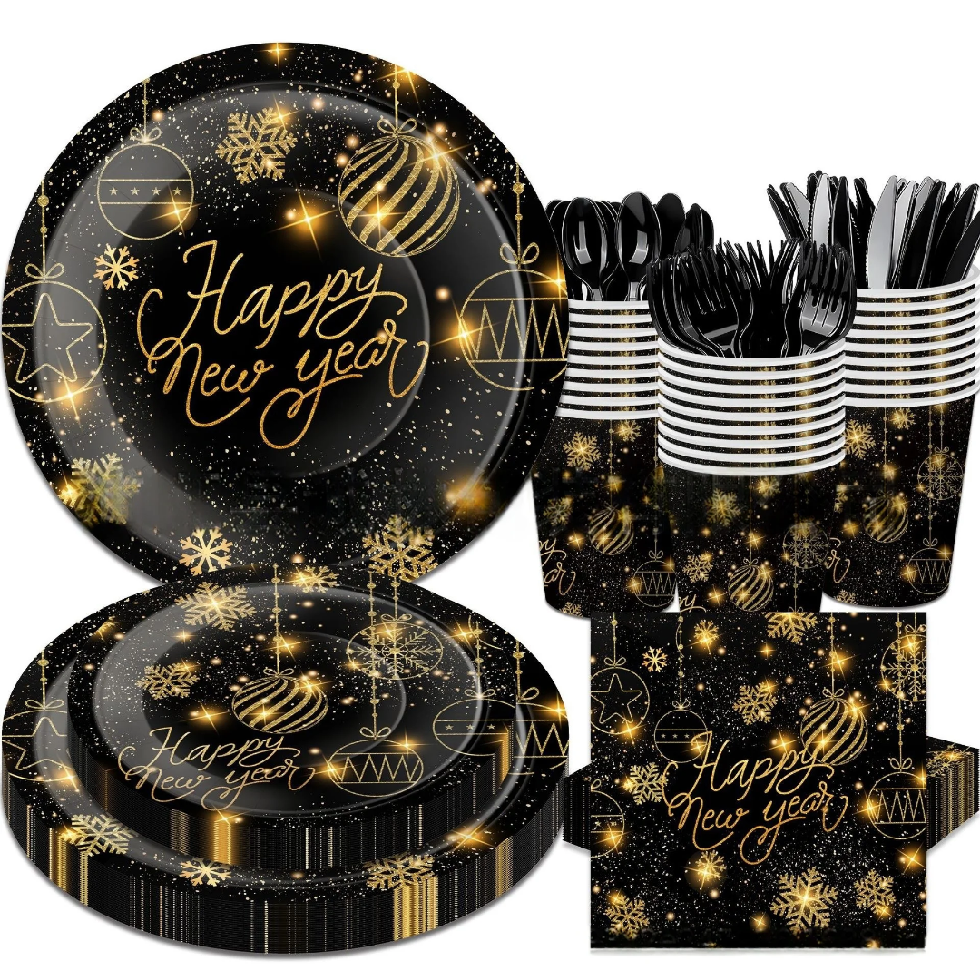 Happy New Year Tableware Set 194 pcs for 24 guests in Black and Gold Plates, Cups, Napkins Cutlery and More Happy New Year 2027 Secondary image