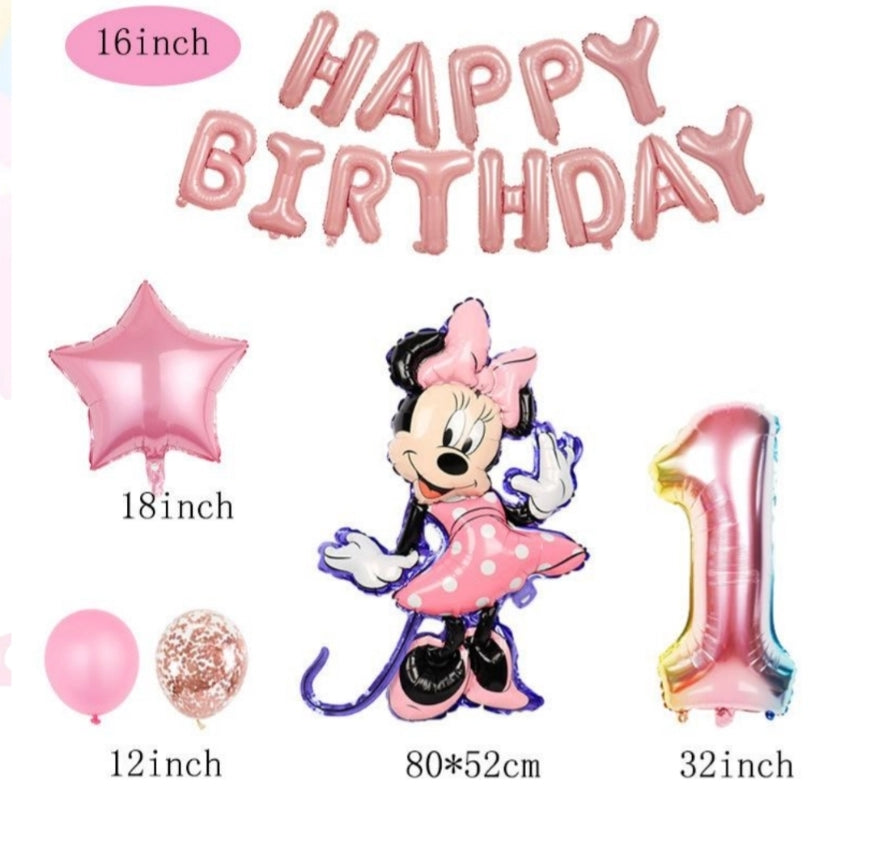 Happy First Birthday Mini Mouse Garland Kit 16pcs, pink and rose gold themed party supplies with balloons, banner, and foil figures.
