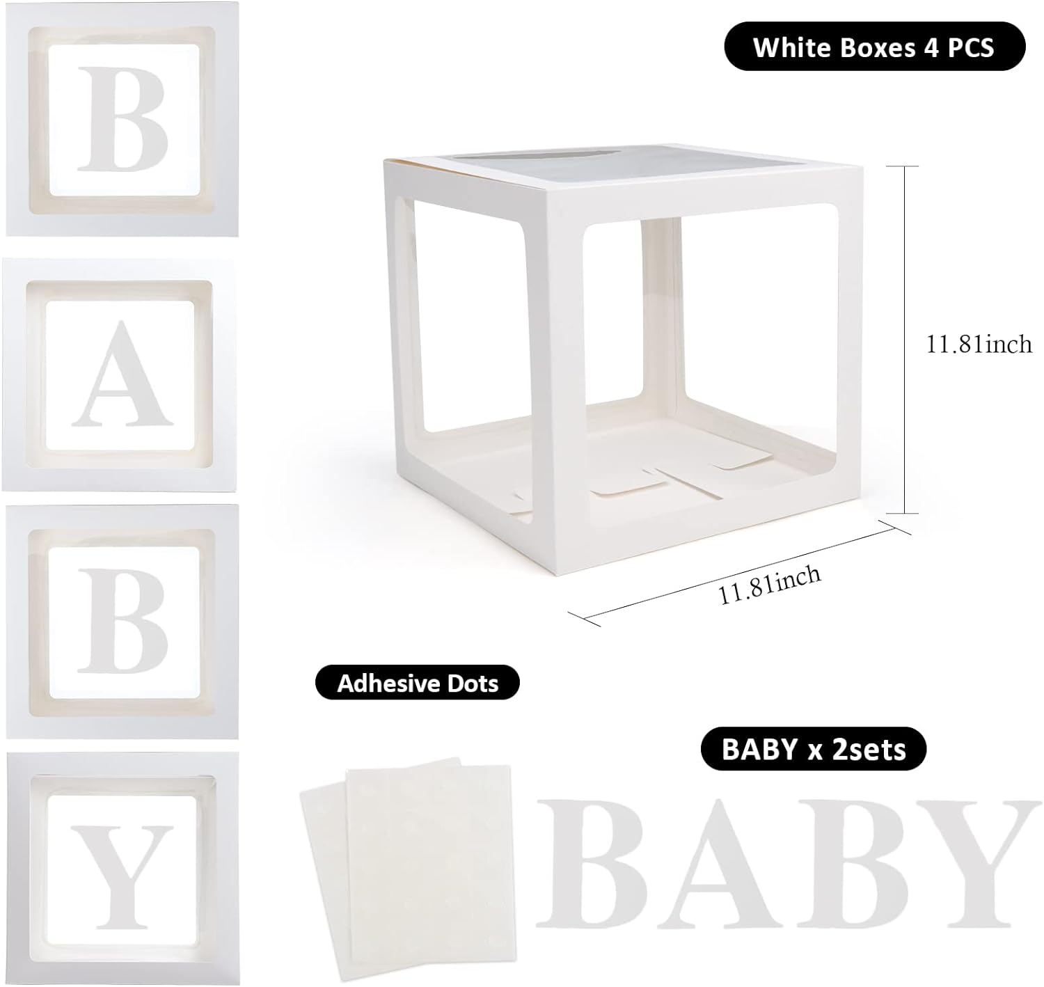 Transparent Balloon Box 4pcs/1 set with letters for party decorations, including adhesive dots, ideal for baby shower and birthday parties.