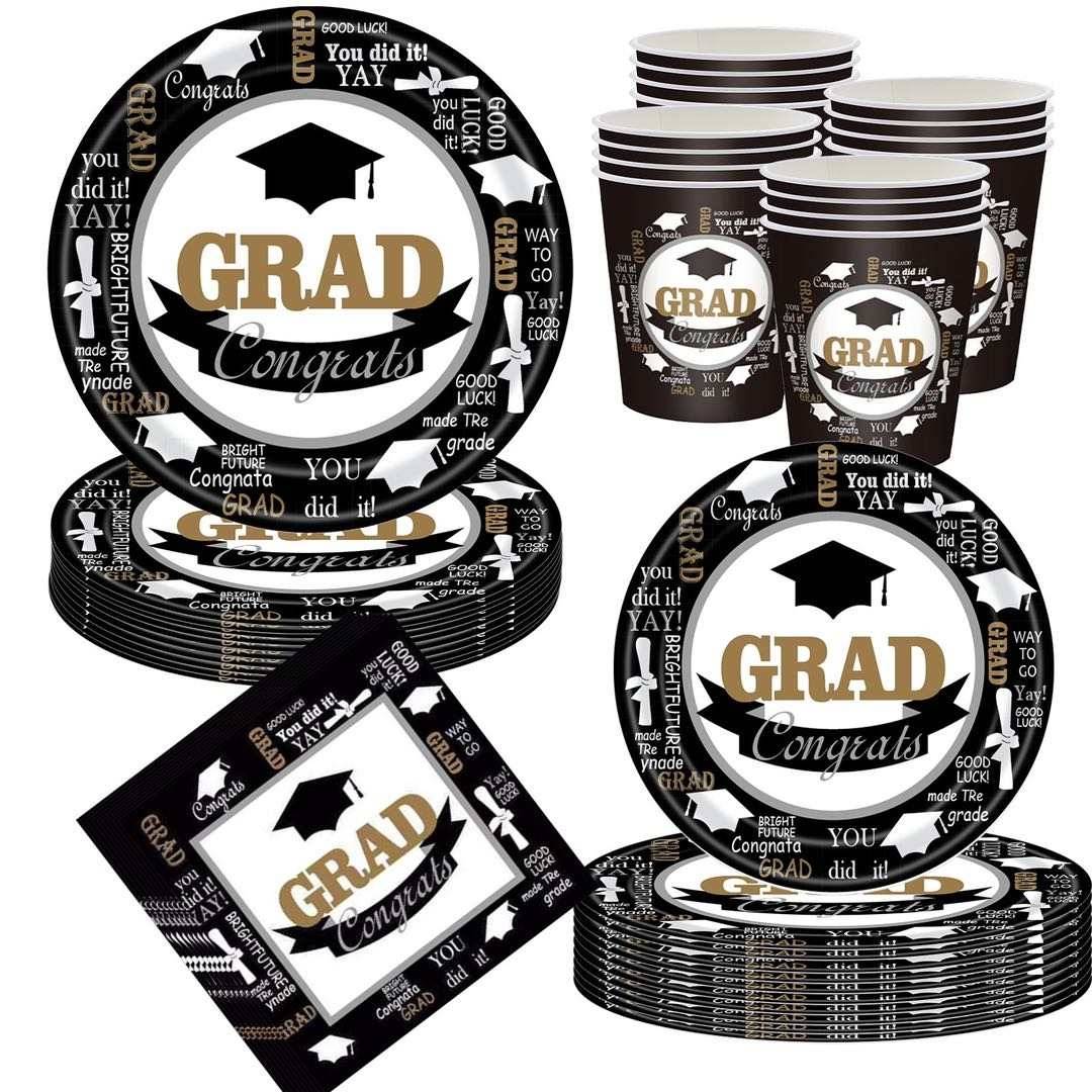 Graduation Tableware Set 70 pcs, party supplies, themed decor, includes plates, cups, napkins, event party accessories.