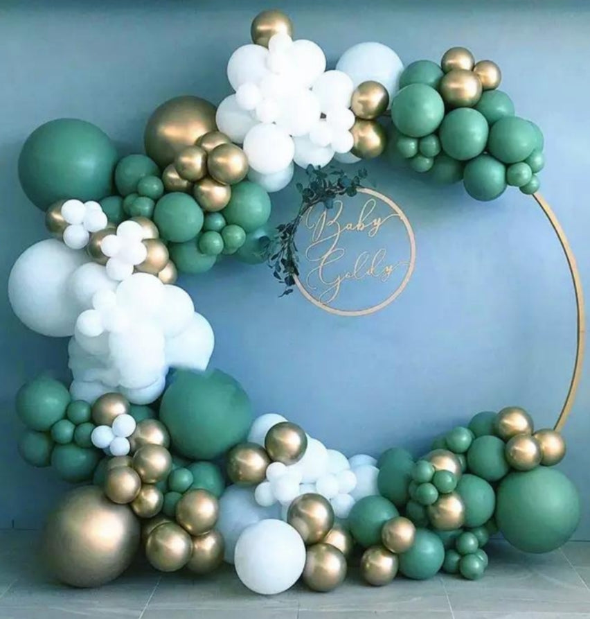 Retro Bean Green Gold and White Balloon Garland Kit 139 pcs for party decorations