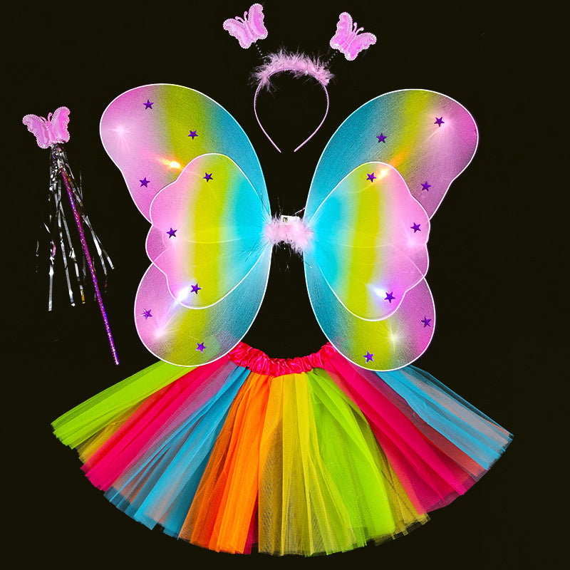 Girls Butterfly Tutu 4pc Led light Set, perfect for party supplies and birthday party decorations, includes rainbow wings and wand.