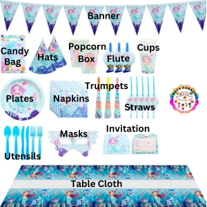 Under Water Mermaid Themed Tableware Set 136pcs, party supplies, birthday decorations, kids event, themed party decor, celebration tableware