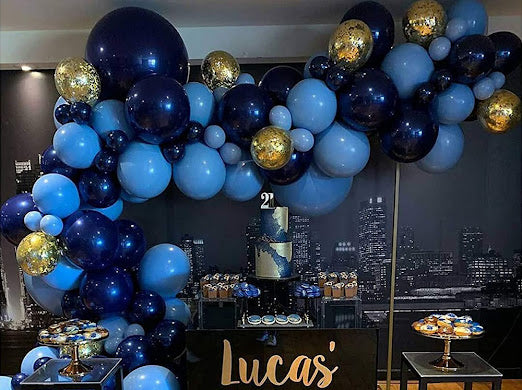 Retro Navy Blue, Matte Light Blue 106 pcs party decorations setup with balloon garland, cake, and party tableware for birthday celebration. Main image