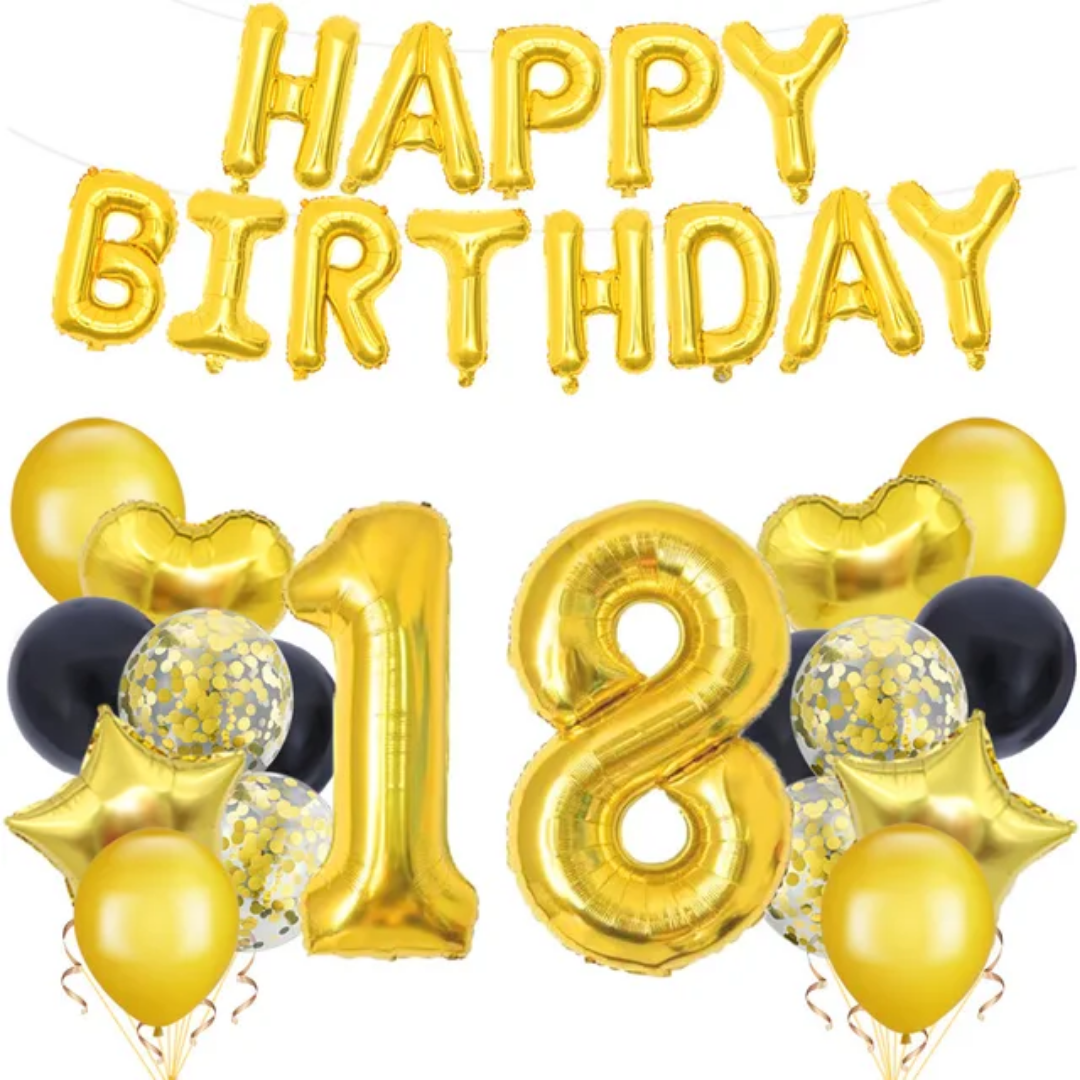 Happy 18 Birthday Balloon Bouquet -9 pieces party supplies, gold foil balloons, birthday banners, perfect for themed party decor.