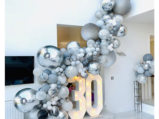 Chrome, Silver Grey Balloon Garland Arch Kit, perfect for wedding decorations and party supplies, with metallic and matte grey balloons.