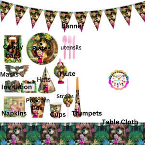 Masha and the Bear themed tableware set 136pcs, kids party supplies, party tableware, event decorations, banners, plates, utensils, party hats Main image