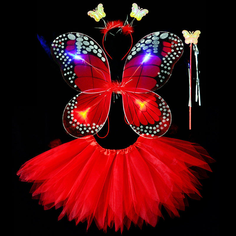 Girls Butterfly Tutu 4pc Led light Set for parties, featuring a red tutu, LED wings, headpiece, and wand. Perfect for themed party decor.