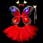 Girls Butterfly Tutu 4pc Led light Set for parties, featuring a red tutu, LED wings, headpiece, and wand. Perfect for themed party decor.