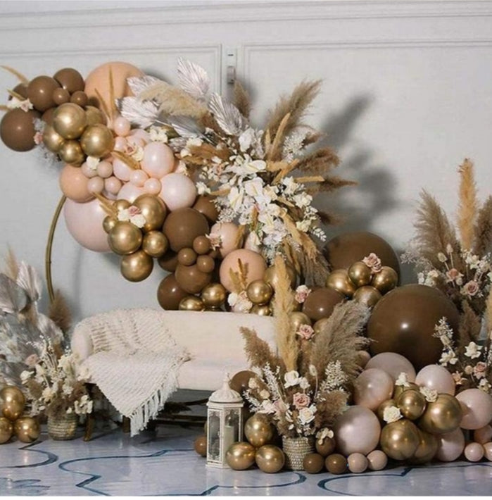 Coffee Gold Apricot Balloon Arch Garland Kit 136 pcs party decorations with brown and gold balloons