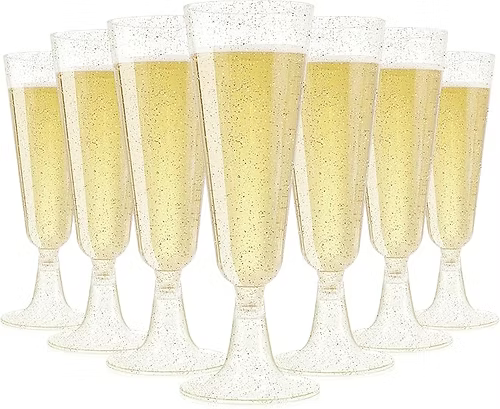 Gold Glitter Flutes 20 Pack Disposable Glasses 5oz Clear Plastic Mimosa Glasses Wedding Cocktail Cups Bulk for New Years Eve Party Supplies Engagement Birthday Decorations