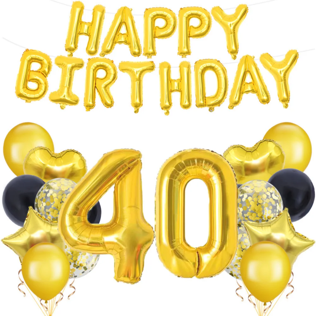 40th Birthday Bouquet 9 pcs, party supplies, gold balloons and banner, birthday decorations Main image