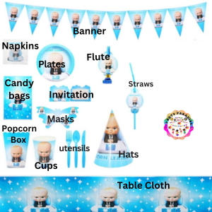 Boss Baby Themed Tableware set 136pcs complete with party supplies like plates, napkins, and banners for kids' themed events.