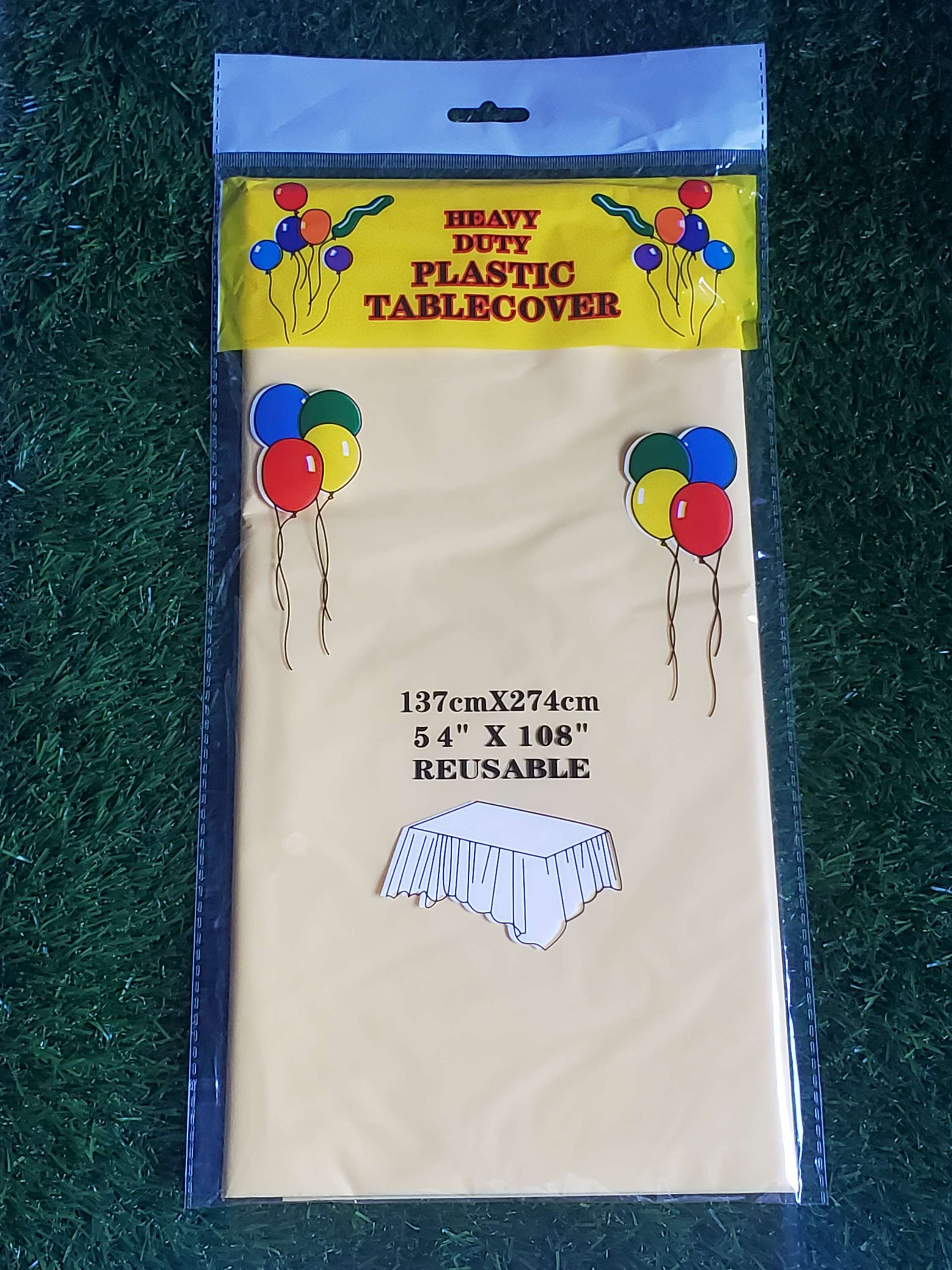 Plastic Table covers reusable in Yellow-2pk size 54x108, party tableware set with balloons, ideal for themed birthday or events Main image