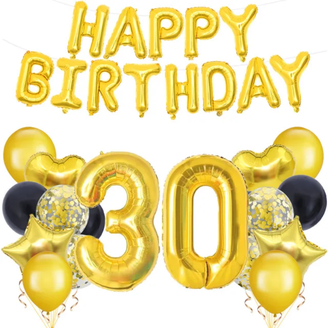 Happy 30th Birthday -9 pcs party supplies with gold foil balloons, birthday banner, and confetti for themed celebrations.