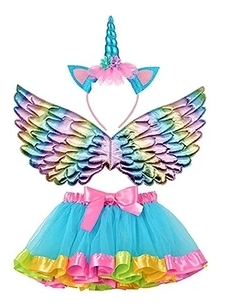 Rainbow Girls Fairy Unicorn Wings 3pcs for Birthday, Costume, Cosplay; perfect party decorations, vibrant kids outfit Main image
