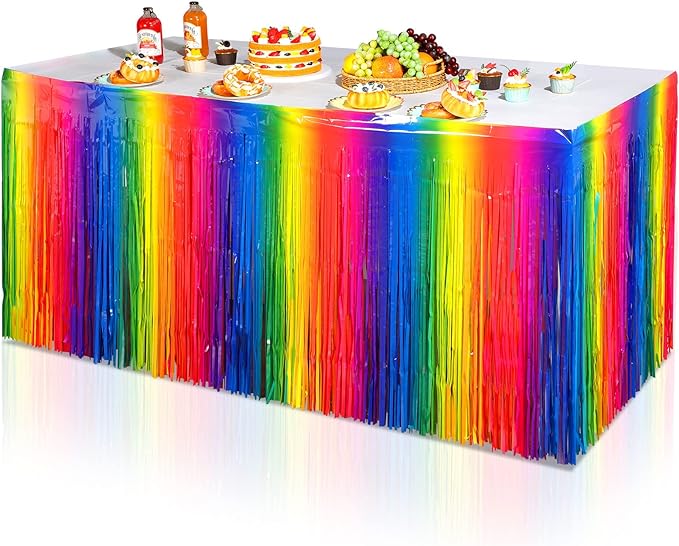 Rainbow Table Skirt (2 pack) for party decor, bright tassel design for birthday and themed celebrations.