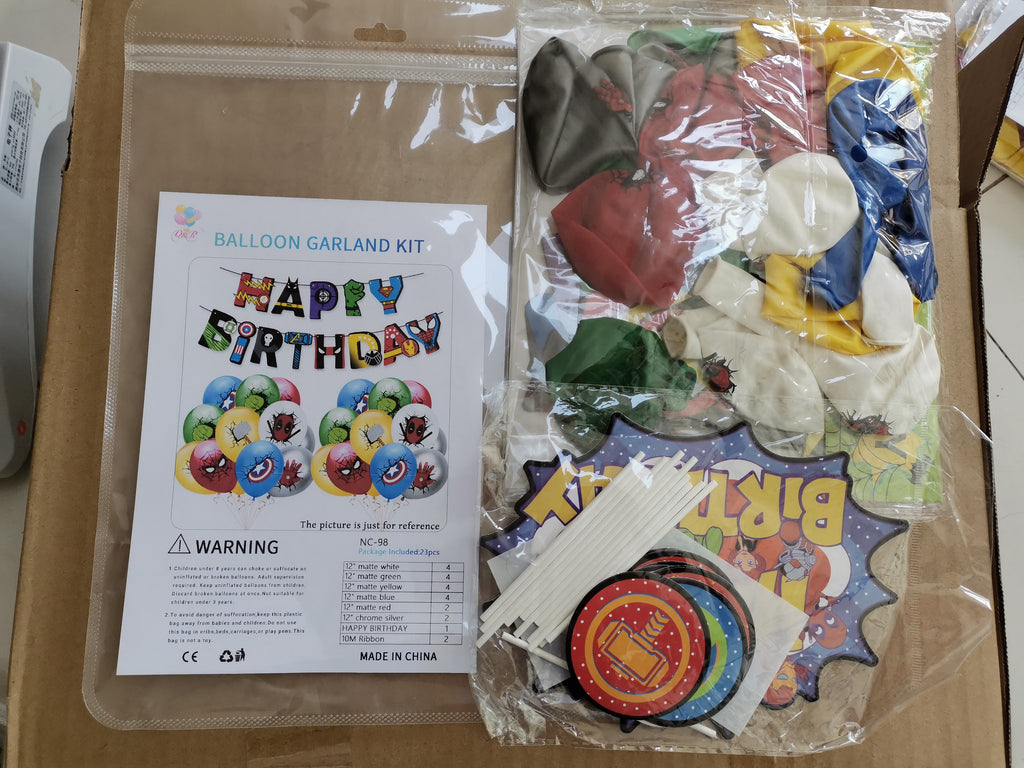 Marvel Themed Balloon Garland 27 pcs kit with colorful balloons and Happy Birthday banner, ideal for birthday and themed party decor.