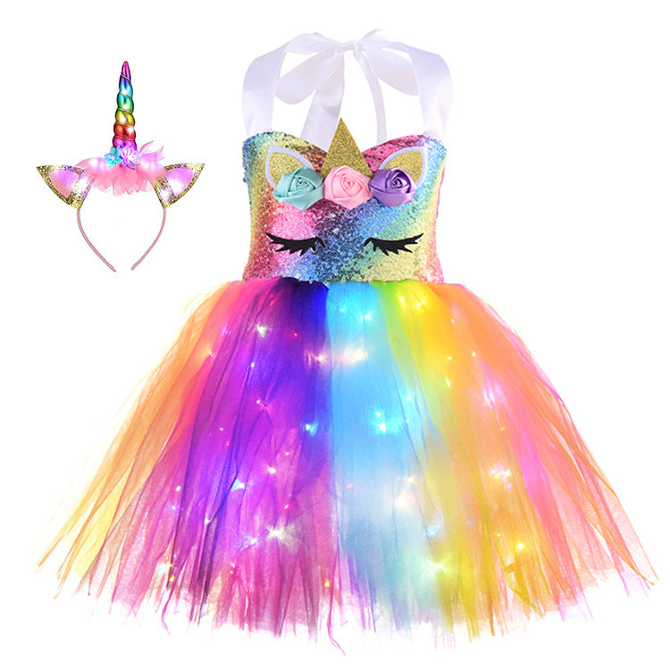 Unicorn Birthday Party Led Light Dress with Head Band, perfect for kids party supplies and themed party decor, colorful and festive. Main image