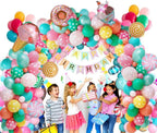 Doughnut Lollipop Party Balloon Garland Kit 102 pcs with colorful balloons and happy birthday banner for themed party decor.