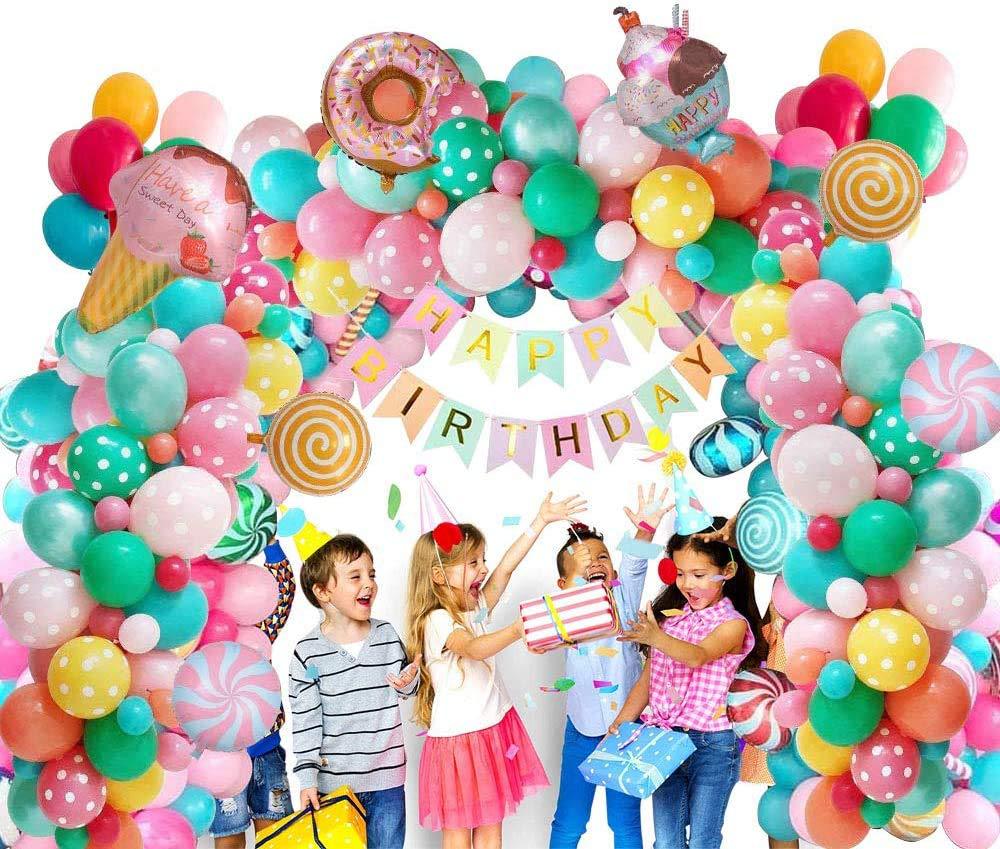 Doughnut Lollipop Party Balloon Garland Kit 102 pcs with colorful balloons and happy birthday banner for themed party decor.