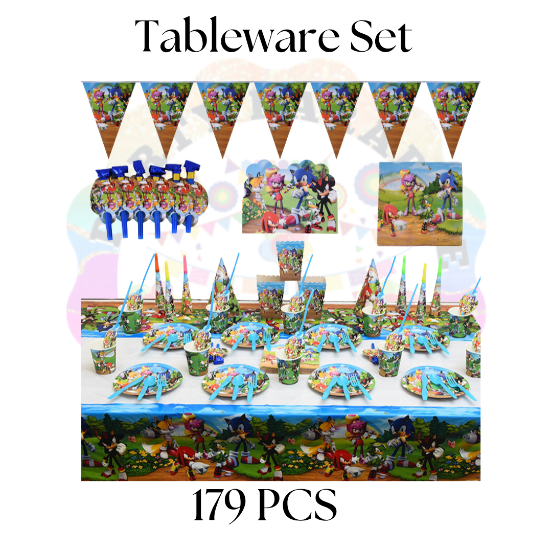 Sonic tableware 179pcs party supplies set with themed plates, cups, napkins, banners, perfect for kids' birthday celebrations. Main image