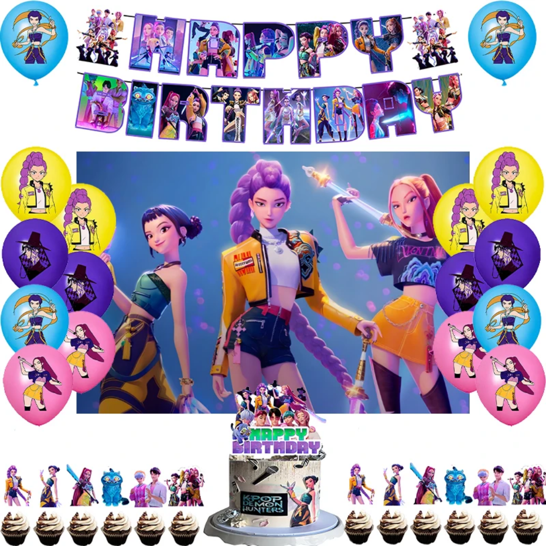 K Pop Demon Hunters themed party supplies and decorations, featuring balloons, banners, and a backdrop for birthday celebrations Main image