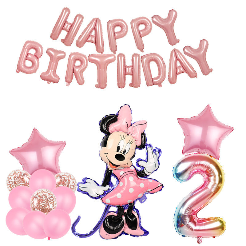 Mini Happy Birthday #1 Balloon Garland Kit 16 PCs with pink and rose gold balloons, Minnie foil balloon, number 2 foil balloon, party banner. Main image