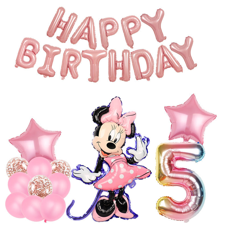 Mini Birthday Number Garland #5 party supplies with pink balloons, Minnie figure, foil stars, and birthday banner. Perfect for themed parties.