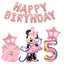 Mini Birthday Number Garland #5 party supplies with pink balloons, Minnie figure, foil stars, and birthday banner. Perfect for themed parties.