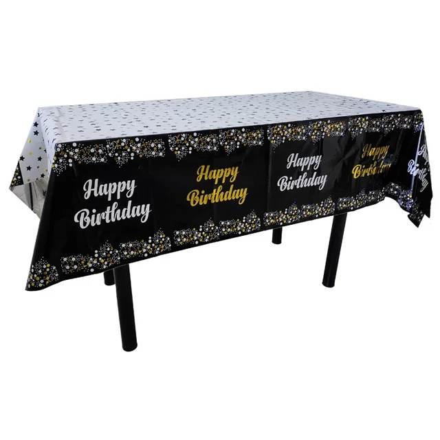 Happy Birthday Table Cover Black, White, Gold party supplies Main image