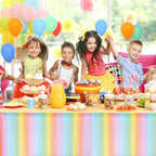 Rainbow Pastel Fringe Table Skirt 2ft x 9ft (2packs) with kids at a colorful party, themed party decor, birthday party supplies, celebration decorations